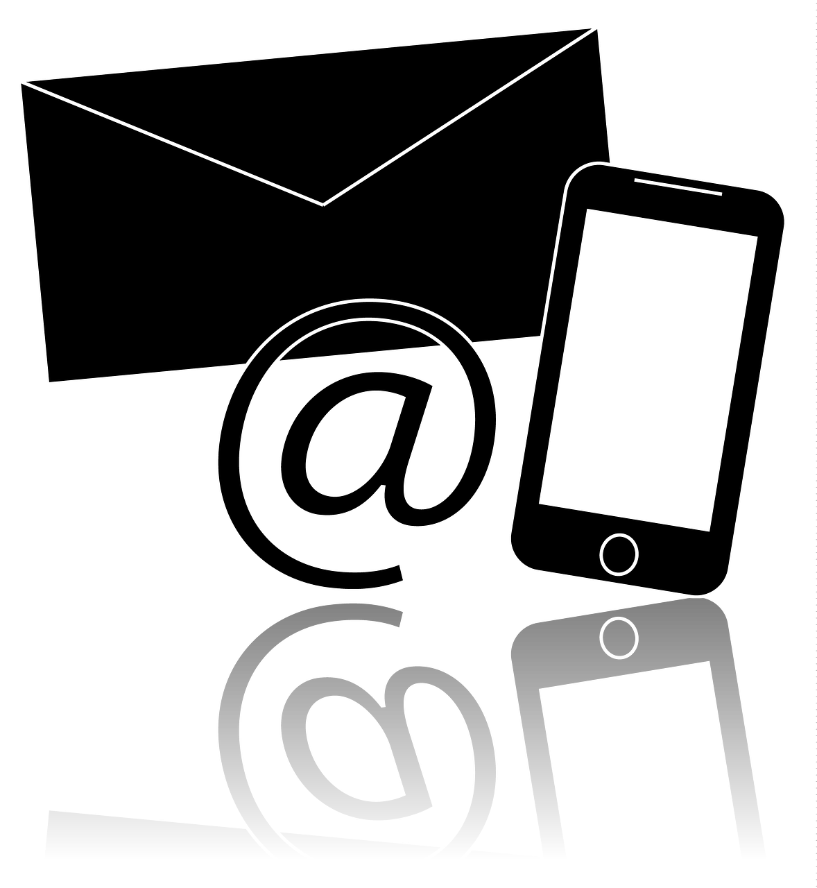 Black and whote image of an envelope, @ symble and moblile phone to show how to contact.